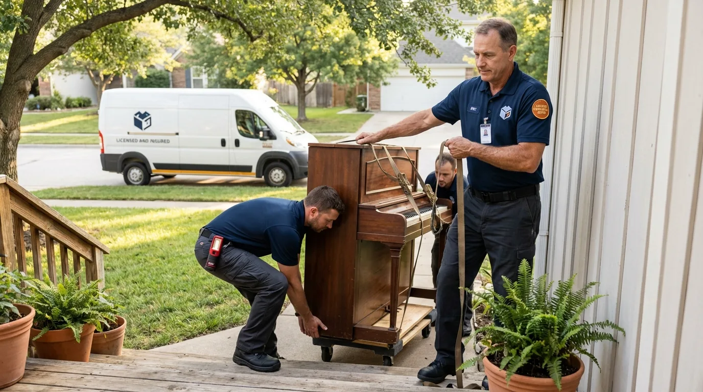 Licensed piano movers securing grand piano in Liberty Lake, WA