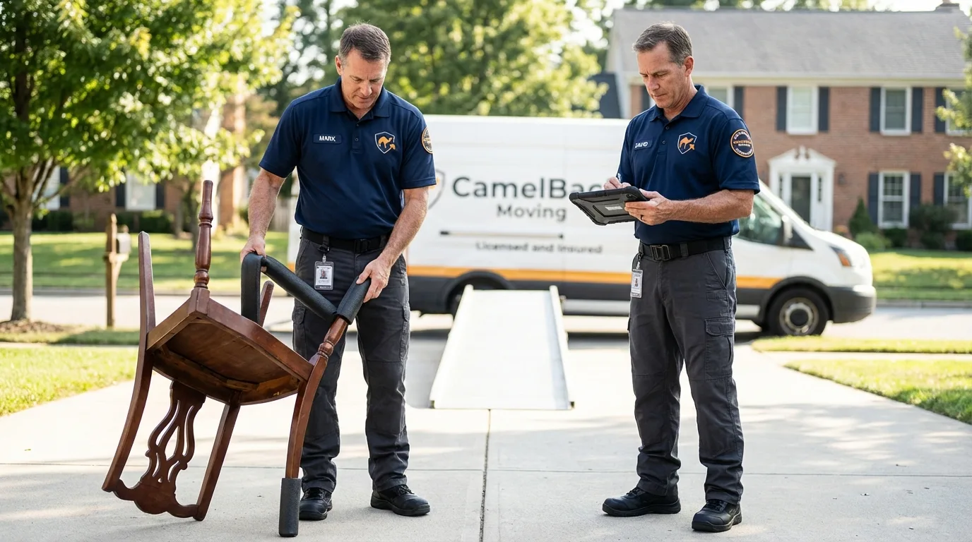 Movers inspecting furniture for damage prevention before loading in Liberty Lake, WA
