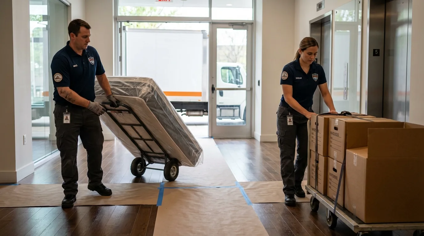 Professional apartment movers loading elevator in Liberty Lake, WA