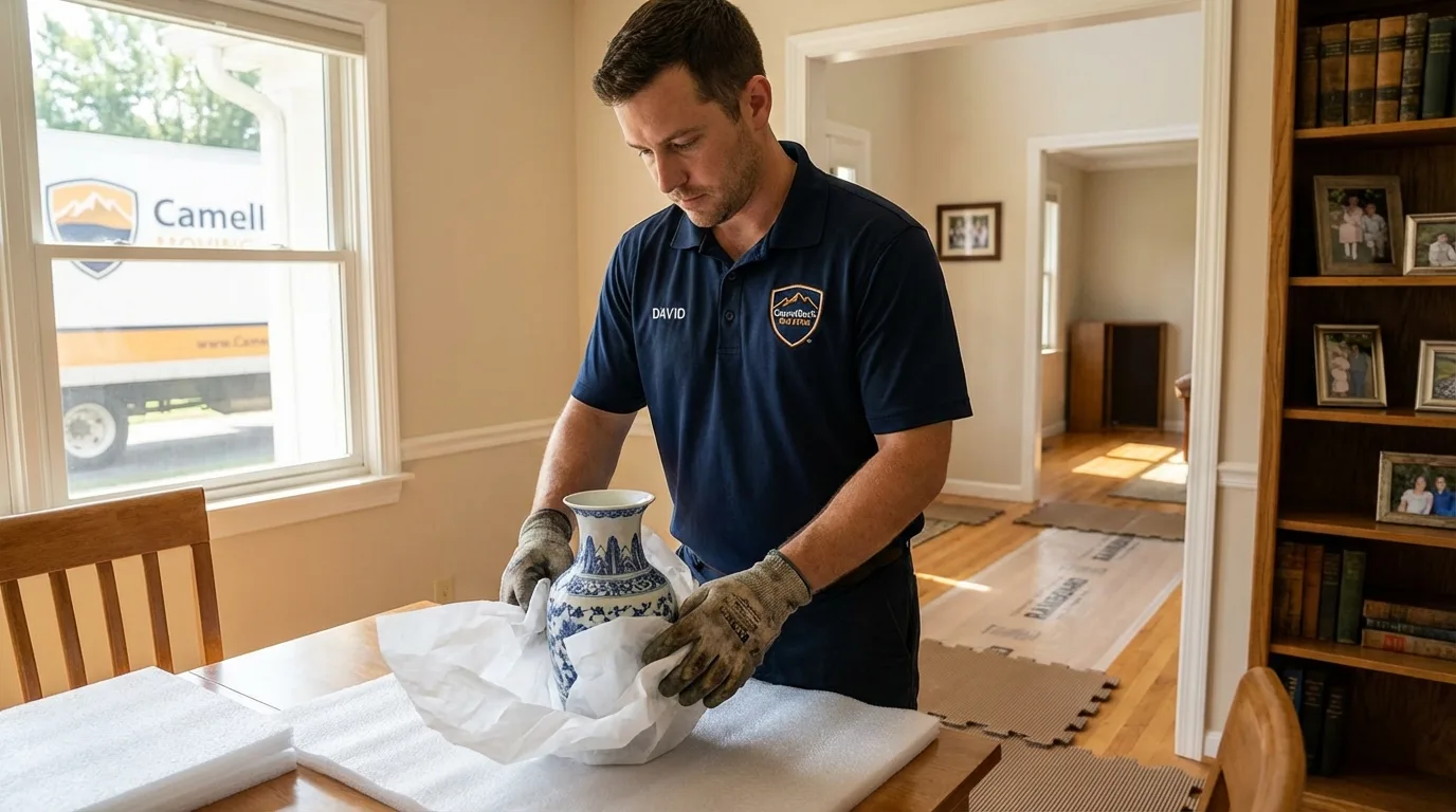 Professional crew carefully wrapping antique vase for senior downsizing move in Liberty Lake, WA